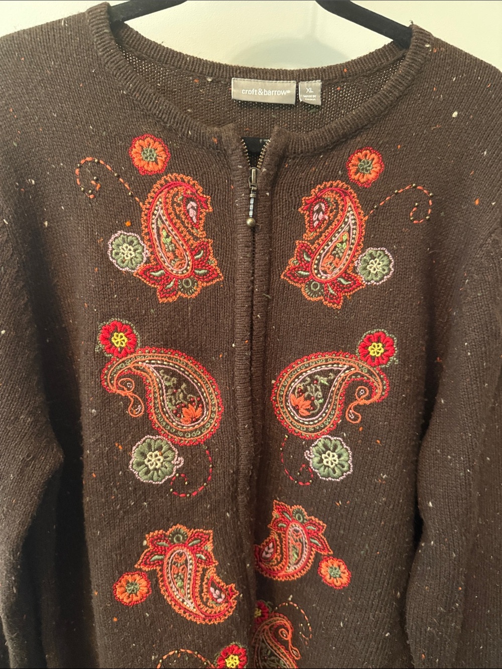 Vintage Croft & Barrow Brown Zip Cardigan with Multicolor Paisley Embroidery - Picture 3 of 7